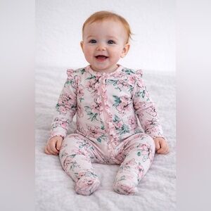 Little Me Pink Floral Ruffle Footie Pajamas Baby Girl Sleeper | Size 6M